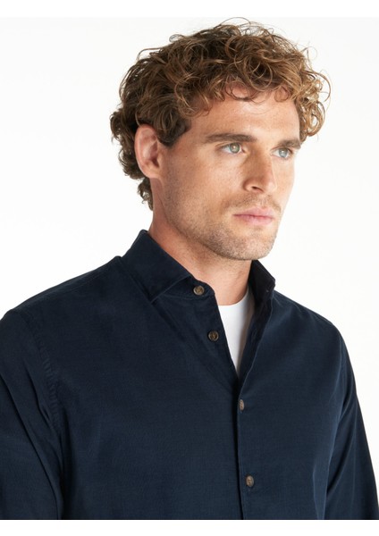 Comfort Fit Alttan Britli Yaka Fitilli Lacivert Erkek Gömlek TBMRSH1086 fırsatları