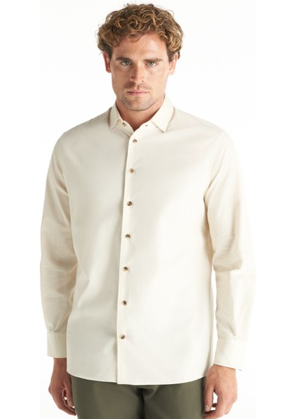 Comfort Fit Alttan Britli Yaka Fitilli Ekru Erkek Gömlek TBMRSH1086