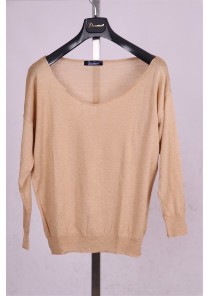 Bej Geniş Yaka Merserize Dokulu Triko Bluz