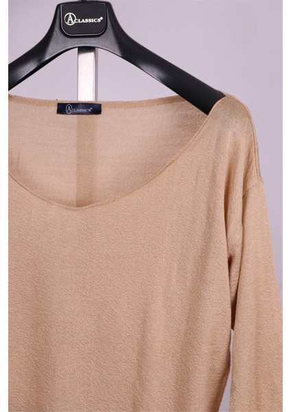Bej Geniş Yaka Merserize Dokulu Triko Bluz fiyatları