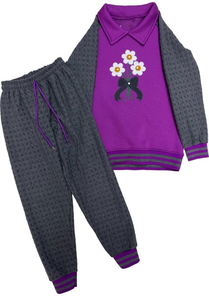 Kız Çocuk Papatya Nakışlı Ribana Detaylı 3 Iplik Alt- Üst Takım 12322