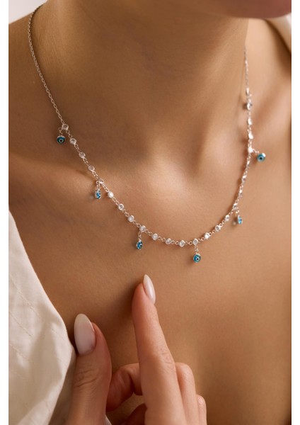 925 Ayar Gümüş Rodyum Kaplama Turkuaz Nazar Boncuklu Zirkon Taşlı Kolye