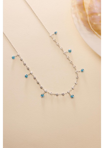 925 Ayar Gümüş Rodyum Kaplama Turkuaz Nazar Boncuklu Zirkon Taşlı Kolye fiyatları