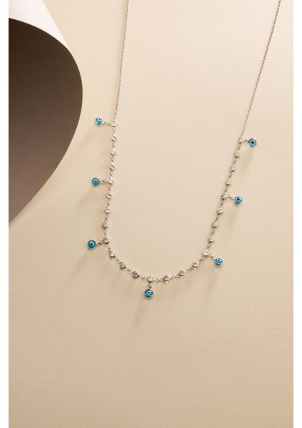 925 Ayar Gümüş Rodyum Kaplama Turkuaz Nazar Boncuklu Zirkon Taşlı Kolye fırsatları