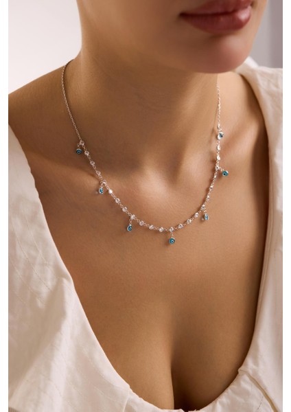 925 Ayar Gümüş Rodyum Kaplama Turkuaz Nazar Boncuklu Zirkon Taşlı Kolye indirimleri