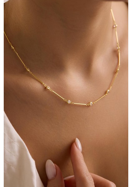 925 Ayar Gümüş Gold Kaplama Zirkon Taşlı Çubuk Model Kolye fiyatları