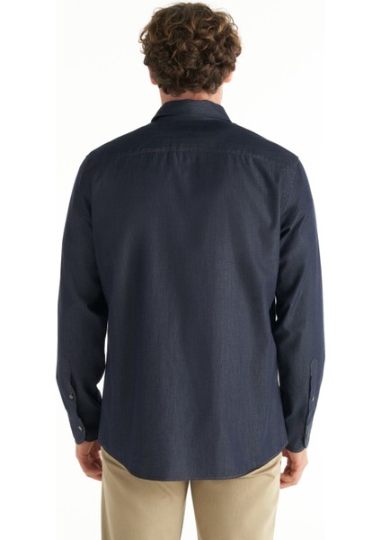 Comfort Fit Klasik Yaka Düz Koyu Mavi Erkek Gömlek TBMRSH1082 fırsatları