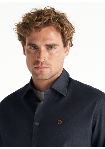 Comfort Fit Klasik Yaka Düz Koyu Mavi Erkek Gömlek TBMRSH1082 indirimleri