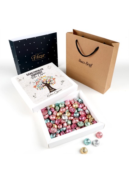 Isimli Öğretmenler Günü Hediyesi Çikolatin 450G Siyah Kutu Kraft Çanta