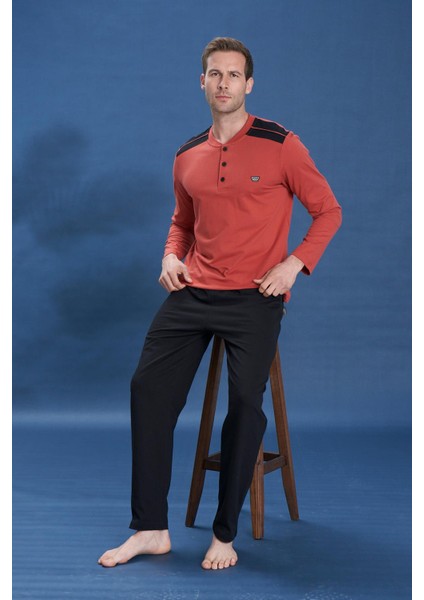 Erkek Penye Süprem Genç Önü Patlı Pijama Takımı | Kiremit 2124