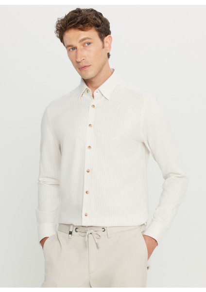 Slim Fit Düğmeli Yaka Ekru Melanj Erkek Gömlek ACE020261272_EBJ