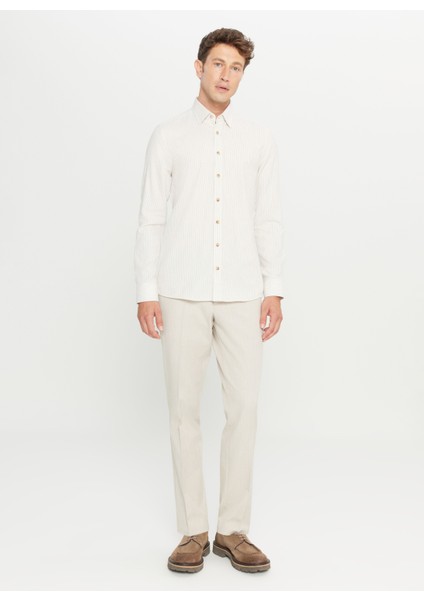 Slim Fit Düğmeli Yaka Ekru Melanj Erkek Gömlek ACE020261272_EBJ fiyatları