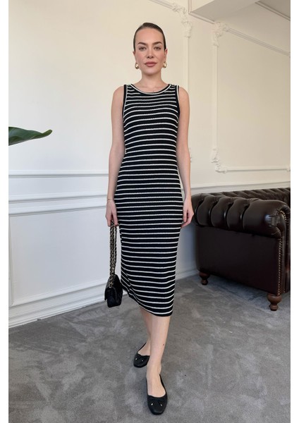 Merserize Çizgili Basic Elbise- Siyah