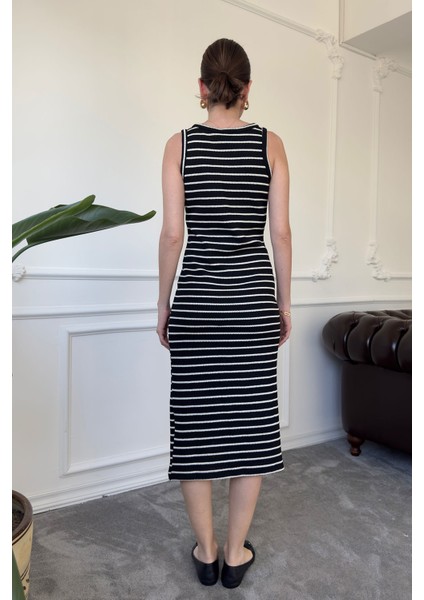 Merserize Çizgili Basic Elbise- Siyah