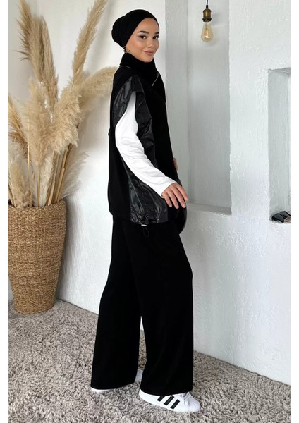 Gold Fermuarlı Garnili Yelek Bel Lastikli Pantolon Tesettür Ikili Takım P-00018916 modelleri