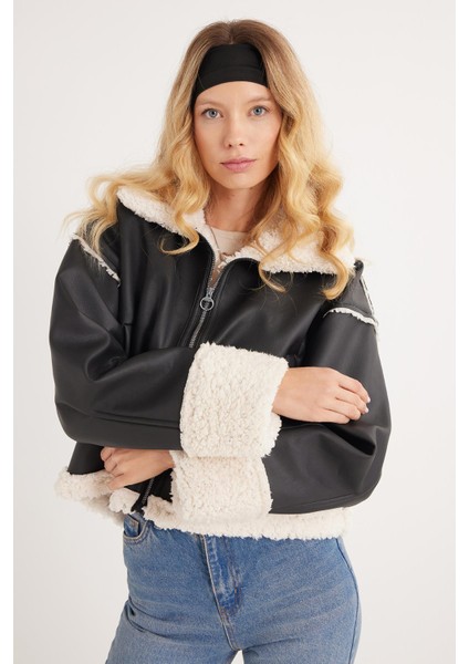 Kadın Regular Fit Klasik Kesim Içi Kürklü Kol Detaylı siyah Deri Mont