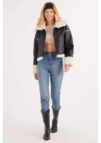 Kadın Regular Fit Klasik Kesim Içi Kürklü Kol Detaylı siyah Deri Mont fiyatları