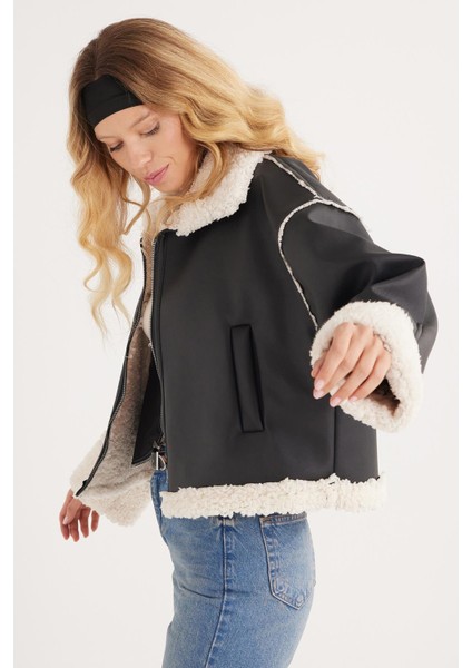 Kadın Regular Fit Klasik Kesim Içi Kürklü Kol Detaylı siyah Deri Mont fırsatları