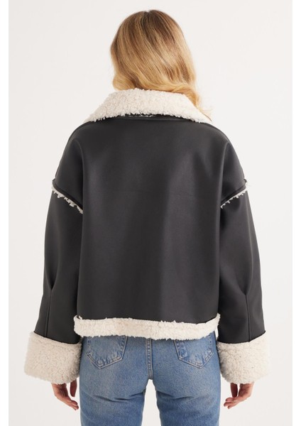 Kadın Regular Fit Klasik Kesim Içi Kürklü Kol Detaylı siyah Deri Mont