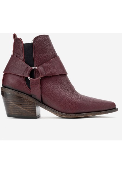 Kadın Sivri Burun Western Kısa Topuklu Bilek Bot Gerçek Deri Zy 1563 Bordo