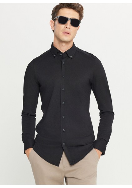 Slim Fit Düğmeli Yaka Siyah Erkek Gömlek ACE020261468_SYH