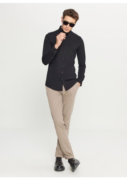 Slim Fit Düğmeli Yaka Siyah Erkek Gömlek ACE020261468_SYH fiyatları