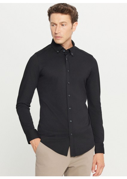 Slim Fit Düğmeli Yaka Siyah Erkek Gömlek ACE020261468_SYH modelleri