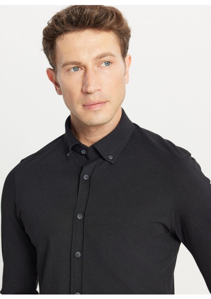 Slim Fit Düğmeli Yaka Siyah Erkek Gömlek ACE020261468_SYH fırsatları