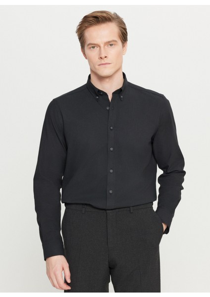 Slim Fit Düğmeli Yaka Siyah Erkek Gömlek ACE020261519_SYH