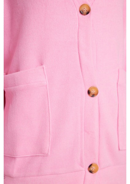 Kadın Relax Fit Rahat Kesim Örme Kumaş Çift Cepli V Yaka Pembe Hırka modelleri