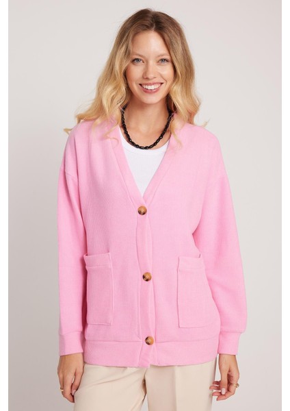 Kadın Relax Fit Rahat Kesim Örme Kumaş Çift Cepli V Yaka Pembe Hırka fırsatları