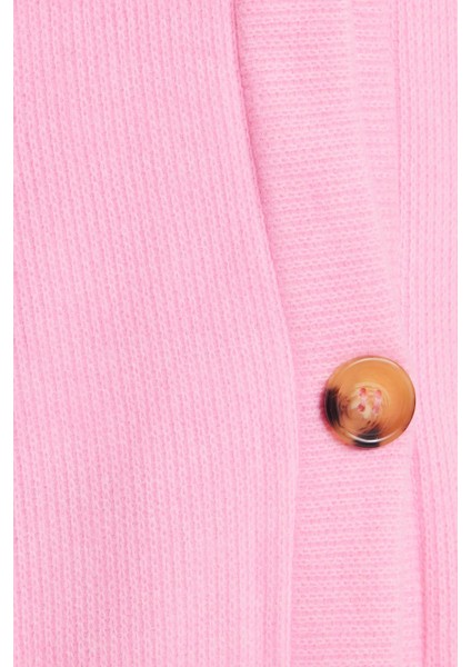 Kadın Relax Fit Rahat Kesim Örme Kumaş Çift Cepli V Yaka Pembe Hırka