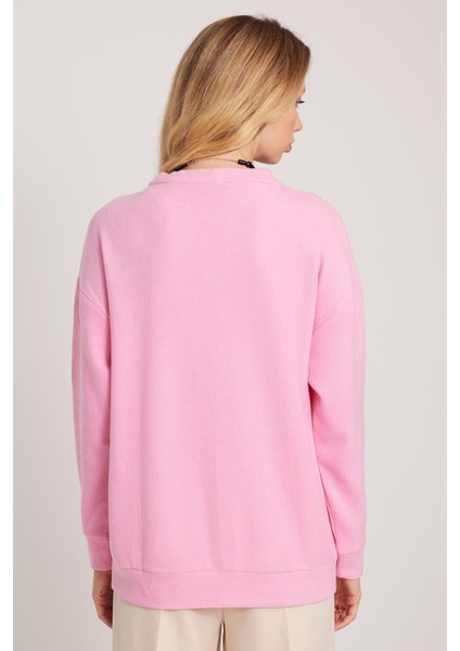 Kadın Relax Fit Rahat Kesim Örme Kumaş Çift Cepli V Yaka Pembe Hırka