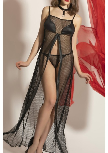 Transparan Fileli Uzun Babydoll Takım,dantel Detaylı Gecelik,tanga,boyunluk 3'lü Set