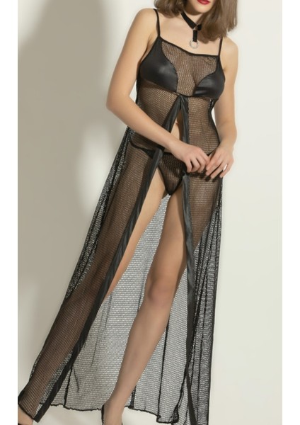 Transparan Fileli Uzun Babydoll Takım,dantel Detaylı Gecelik,tanga,boyunluk 3'lü Set modelleri