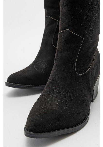 Kaydırmaz Çiçek Desenli Çizme SİYAH SÜET modelleri