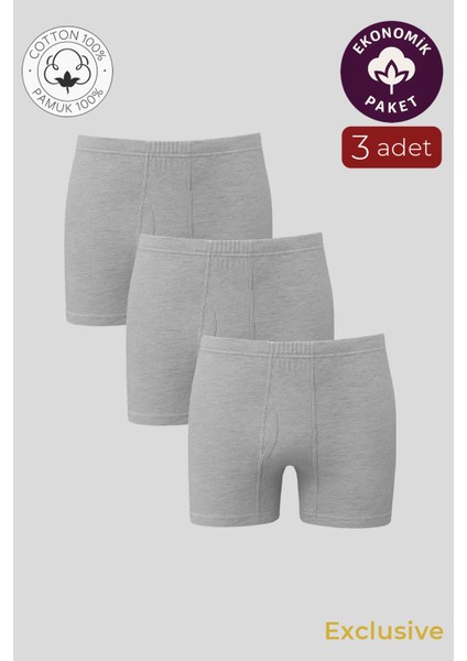 Erkek Pamuklu Penye Paçalı Boxer 3'lü Paket – Rahat & Dayanıklı | Gri Melanj K0043
