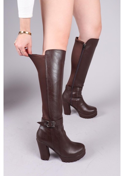 Ulza Strech Garnili Tokalı Topuklu Çizme Kahverengi