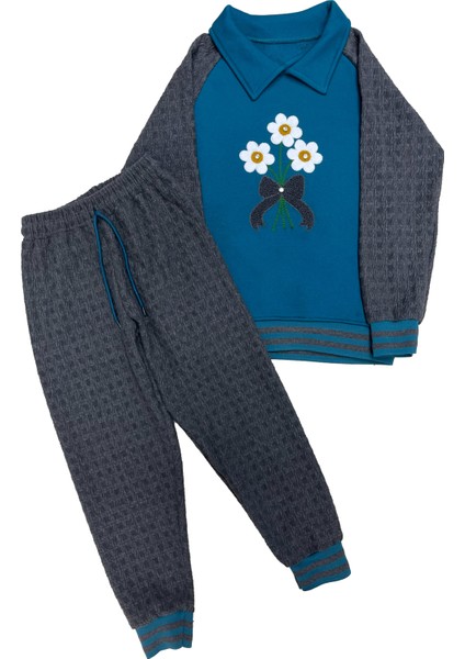 Kız Çocuk Papatya Nakışlı Ribana Detaylı 3 Iplik Alt- Üst Takım 12322