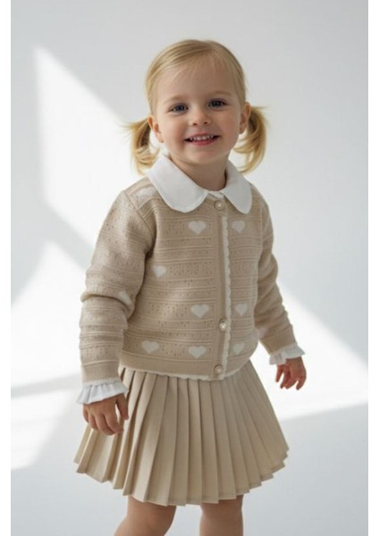 Kalp Desenli Triko Hırkalı Pileli Etekli 3 Lü Kız Takımı - Bej fiyatları