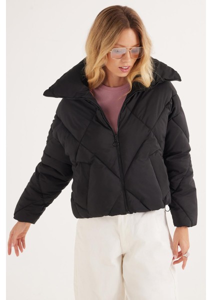 Kadın Oversize Geniş Kesim Şişme Dik Yaka Siyah Mont fırsatları