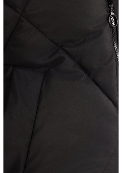 Kadın Oversize Geniş Kesim Şişme Dik Yaka Siyah Mont