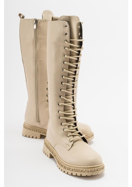 Kaydırmaz Çok Bağcıklı Fermuarlı Çizme Bej Cilt