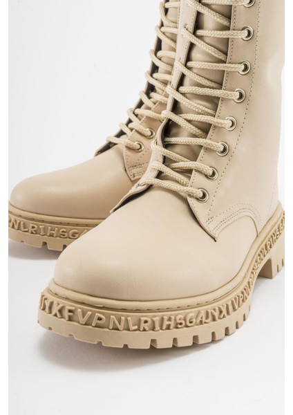 Kaydırmaz Çok Bağcıklı Fermuarlı Çizme Bej Cilt modelleri