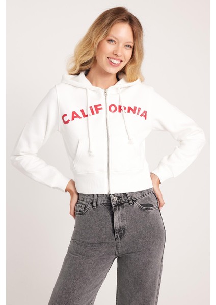 Kadın Slim Fit Dar Kesim Pamuklu Kapüşonlu Baskılı Ekru Hırka