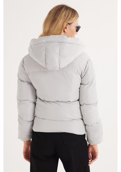 Kadın Regular Fit Klasik Kesim Kapüşonlu Şişme Gri Mont