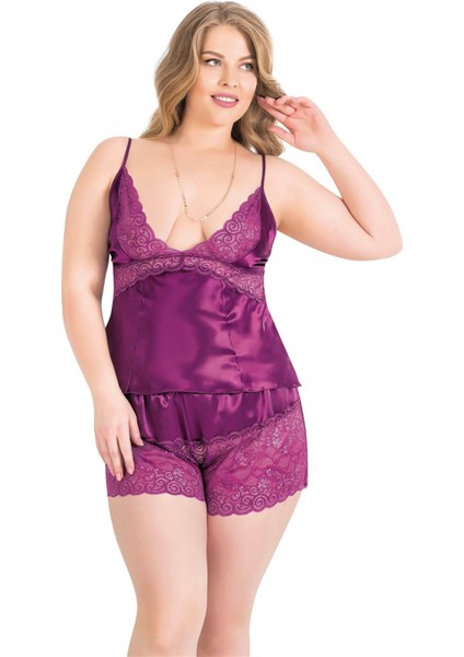 Büyük Beden Mor Saten Babydoll Şort Takımı