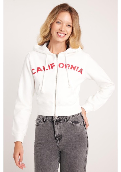 Kadın Slim Fit Dar Kesim Pamuklu Kapüşonlu Baskılı Ekru Hırka modelleri