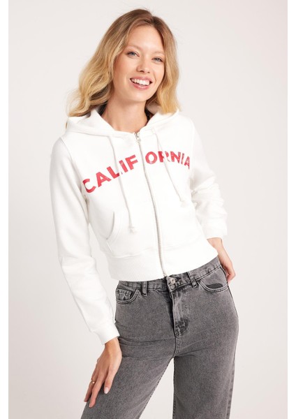 Kadın Slim Fit Dar Kesim Pamuklu Kapüşonlu Baskılı Ekru Hırka fırsatları