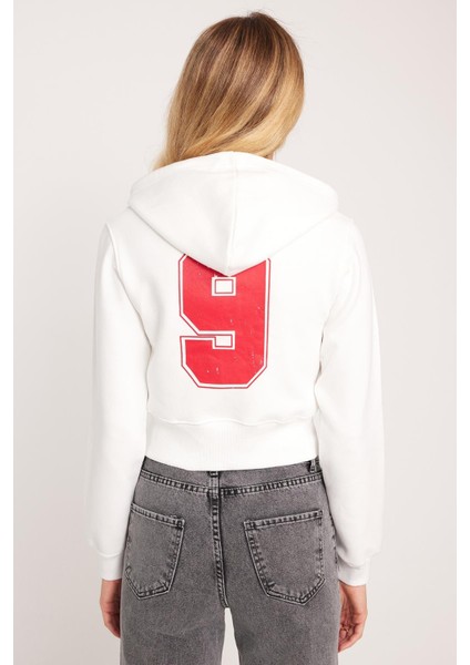 Kadın Slim Fit Dar Kesim Pamuklu Kapüşonlu Baskılı Ekru Hırka